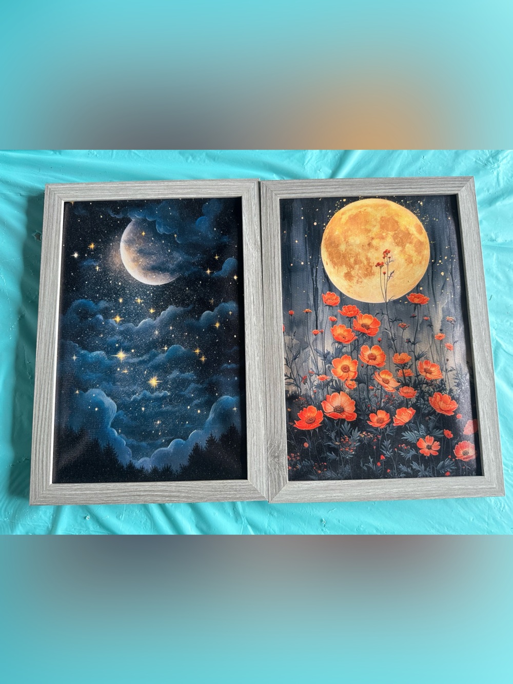 Celestial Moon & Star Floral Art Pair - Orange and Midnight Blue